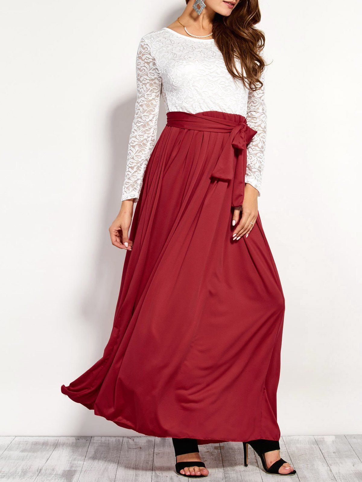 

Lace Panel Maxi Evening Long Sleeve Dress, Red
