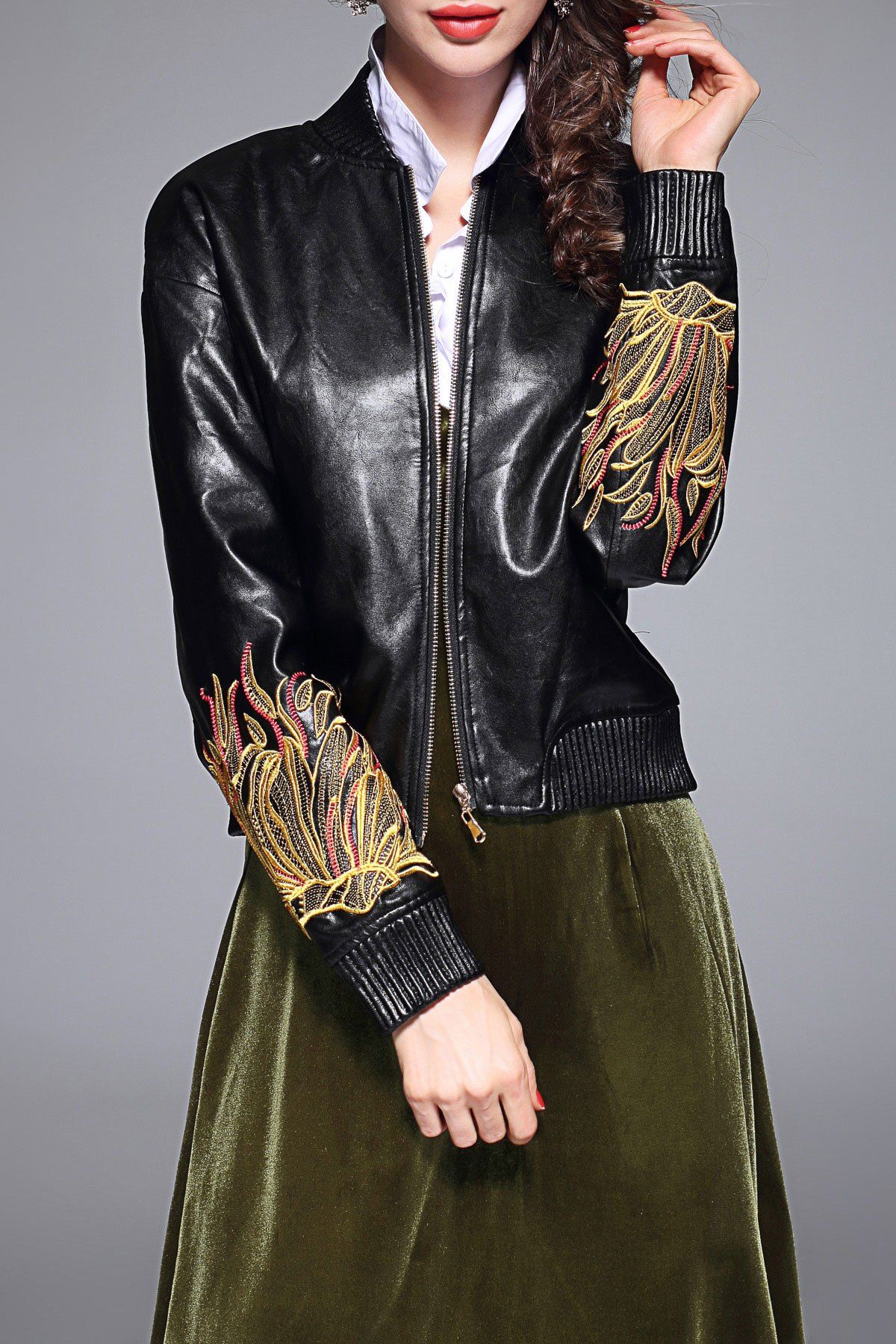 

Faux Leather Zip Up Souvenir Jacket, Black