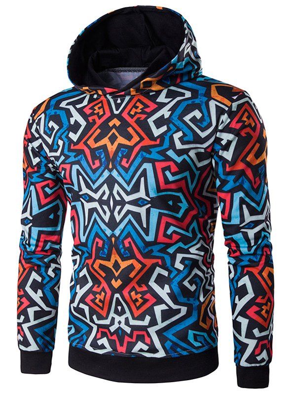 

3D Geometric Print Long Sleeve Hoodie, Colormix