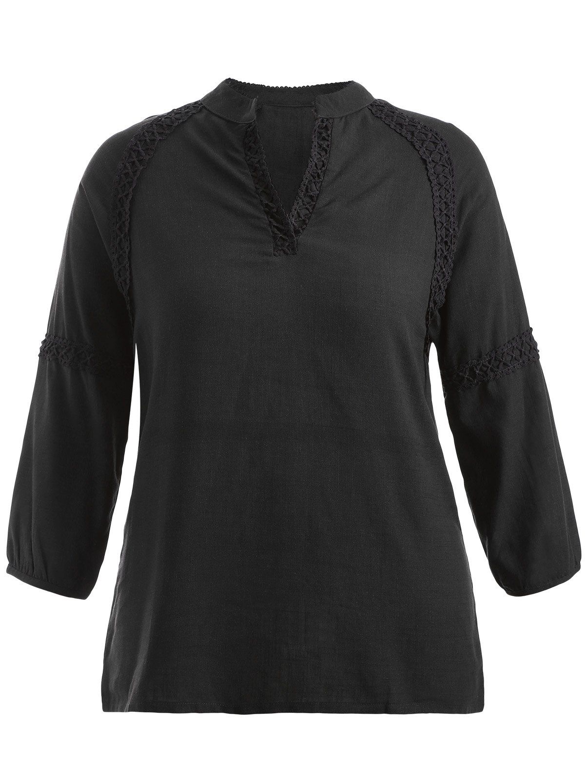 

Linen Crochet-Trim Blouse, Black