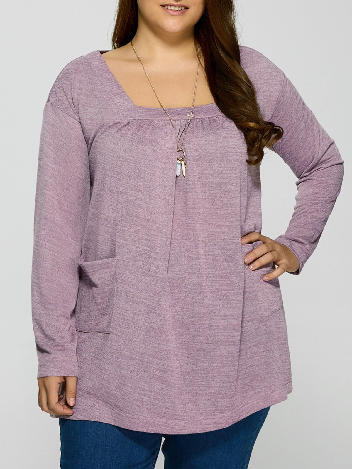 

Plus Size Square Neck Pockets Design Pullover, Light purple