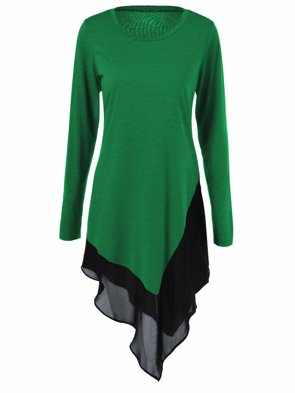

Chiffon Trim Asymmetrical Long Blouse, Green
