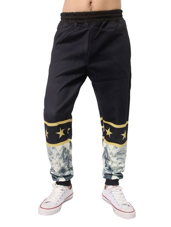 Pantalon à taille élastique avec ourlets imprimés d'étoiles en 3D - Noir XL
