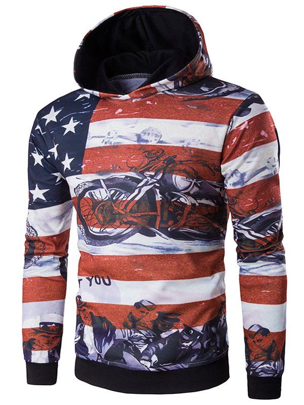 

USA Flag Star Motorcycle Print Long Sleeve Hoodie, Red