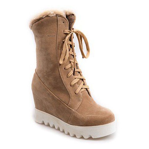 

Lace Up Mid Calf Hidden Wedge Boots, Beige