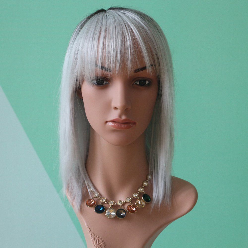 

Medium Double Color Straight Full Bang Synthetic Wig, Black and grey