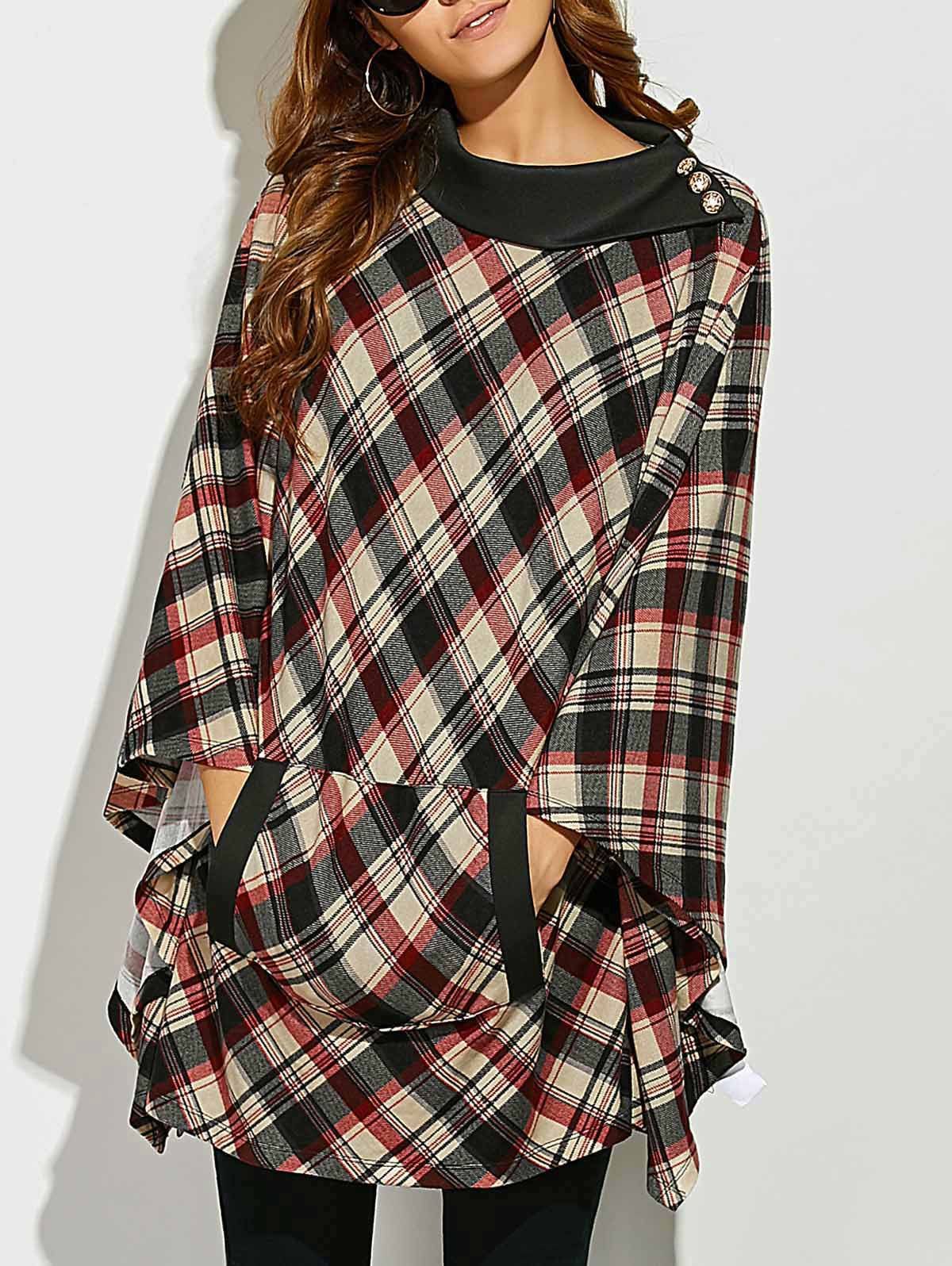 

Side Collar Plaid Cape Blouse, Checked