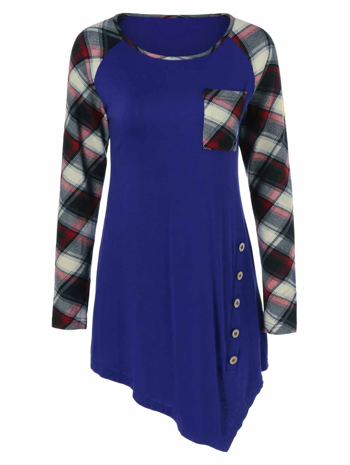 

Plaid Trim Side Button Asymmetrical Tee, Blue