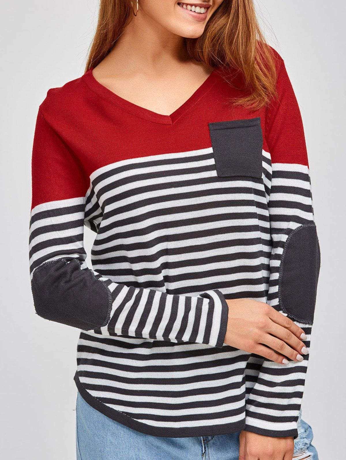 

V Neck Long Sleeve Striped Pullover Sweater, Red