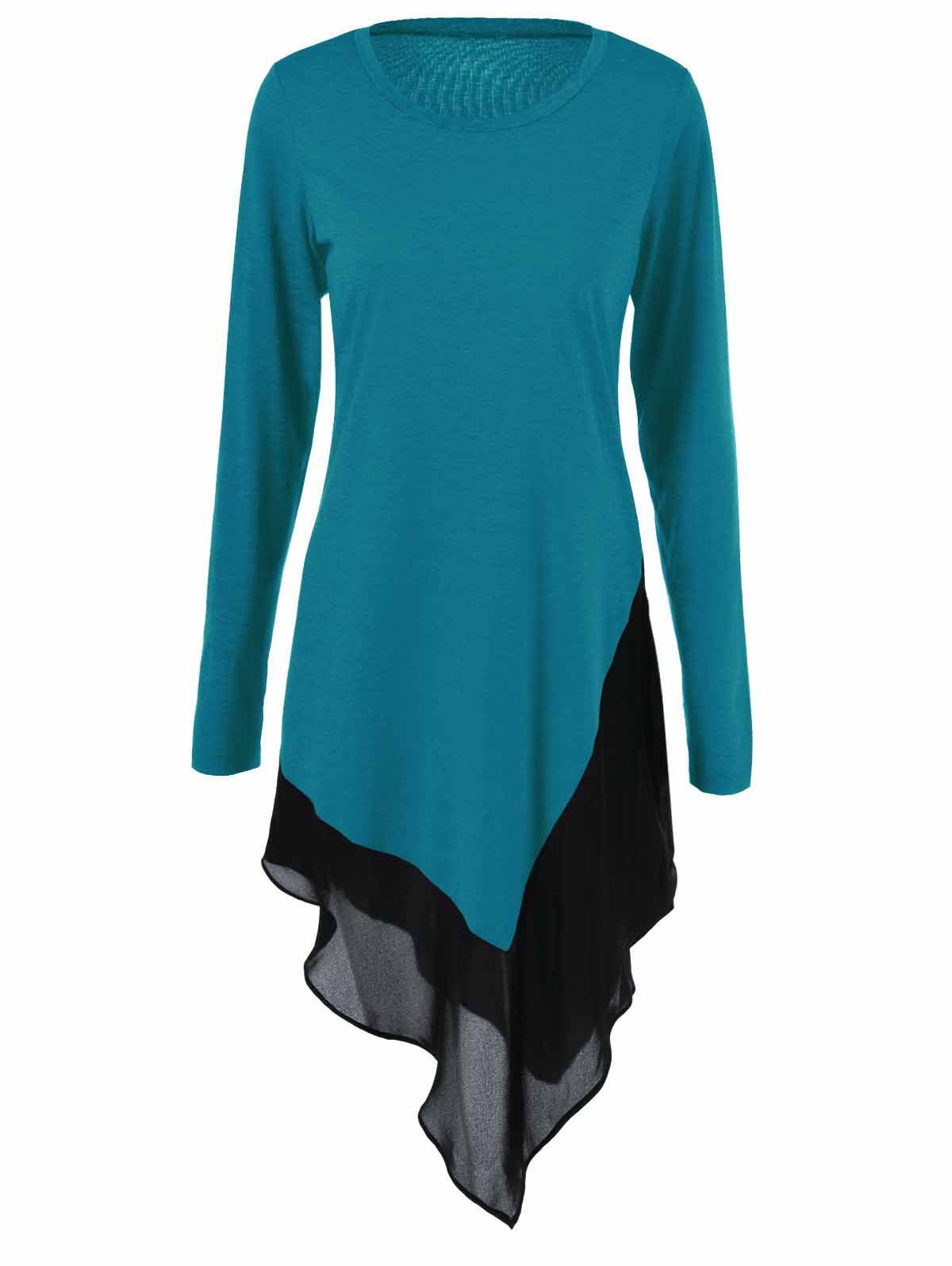 

Chiffon Trim Asymmetrical Long Blouse, Lake blue