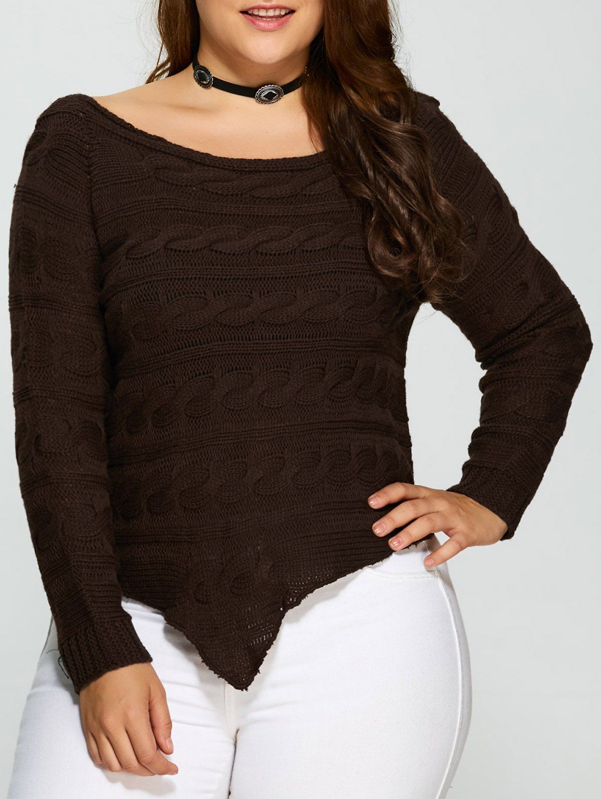 

Plus Size Asymmetric Hem Cable Knit Sweater, Deep brown