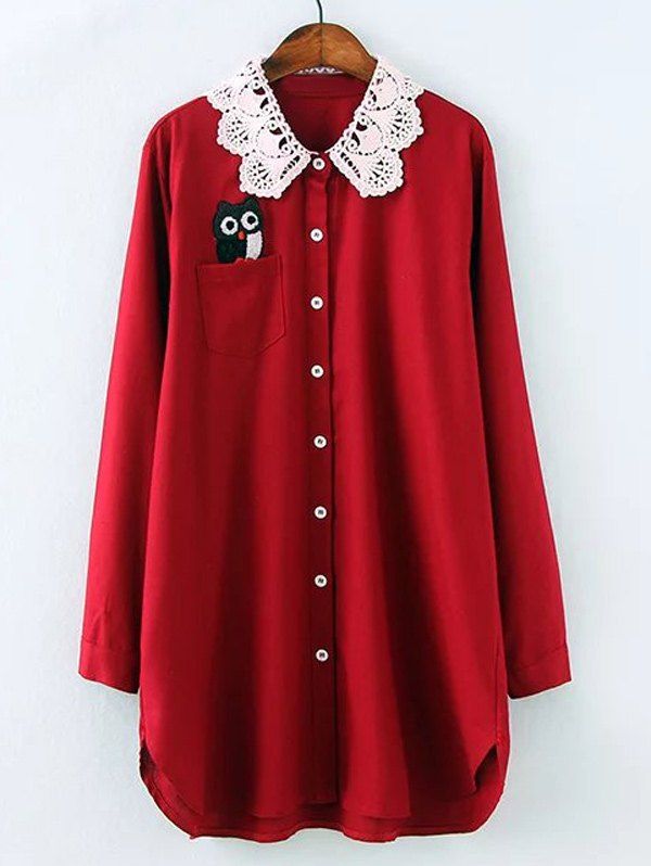 

Plus Size Owl Lace Crochet Collar Tunic Shirt, Wine red