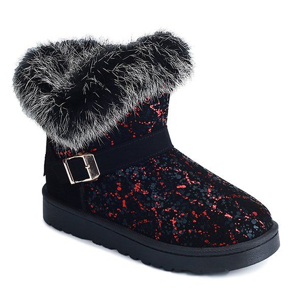 

Belt Buckle Faux Fur Snow Boots, Black and red