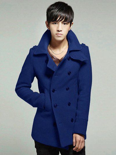 

Turndown Collar Double Breasted Wool Blend Coat, Deep blue