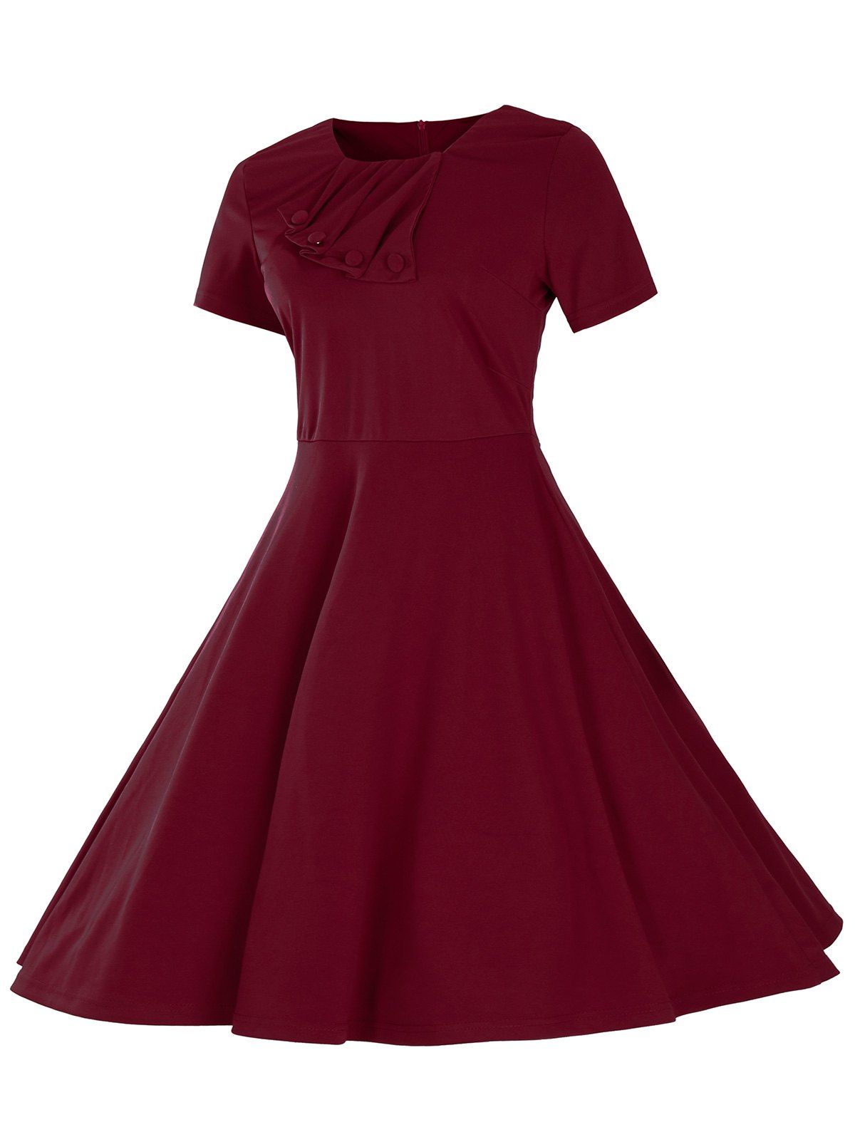 2018 Retro Slant Button Ruched Flare Dress WINE RED XL In Vintage ...