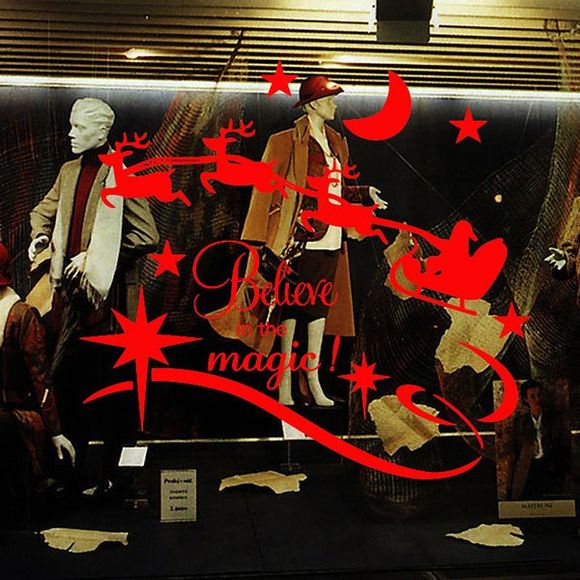 Autocollants pour Mur ou Vitre de Fenêtre Amovible Motif Noël et Inscription Believe in Magic - Rouge 