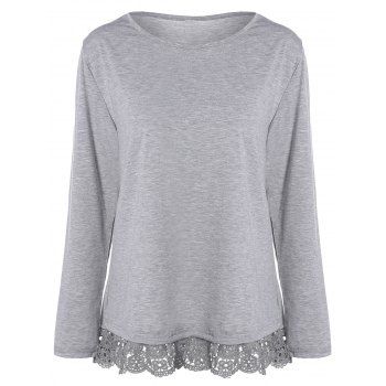 [17% OFF] 2023 Lace Trim Long Sleeve T-Shirt In GRAY | DressLily