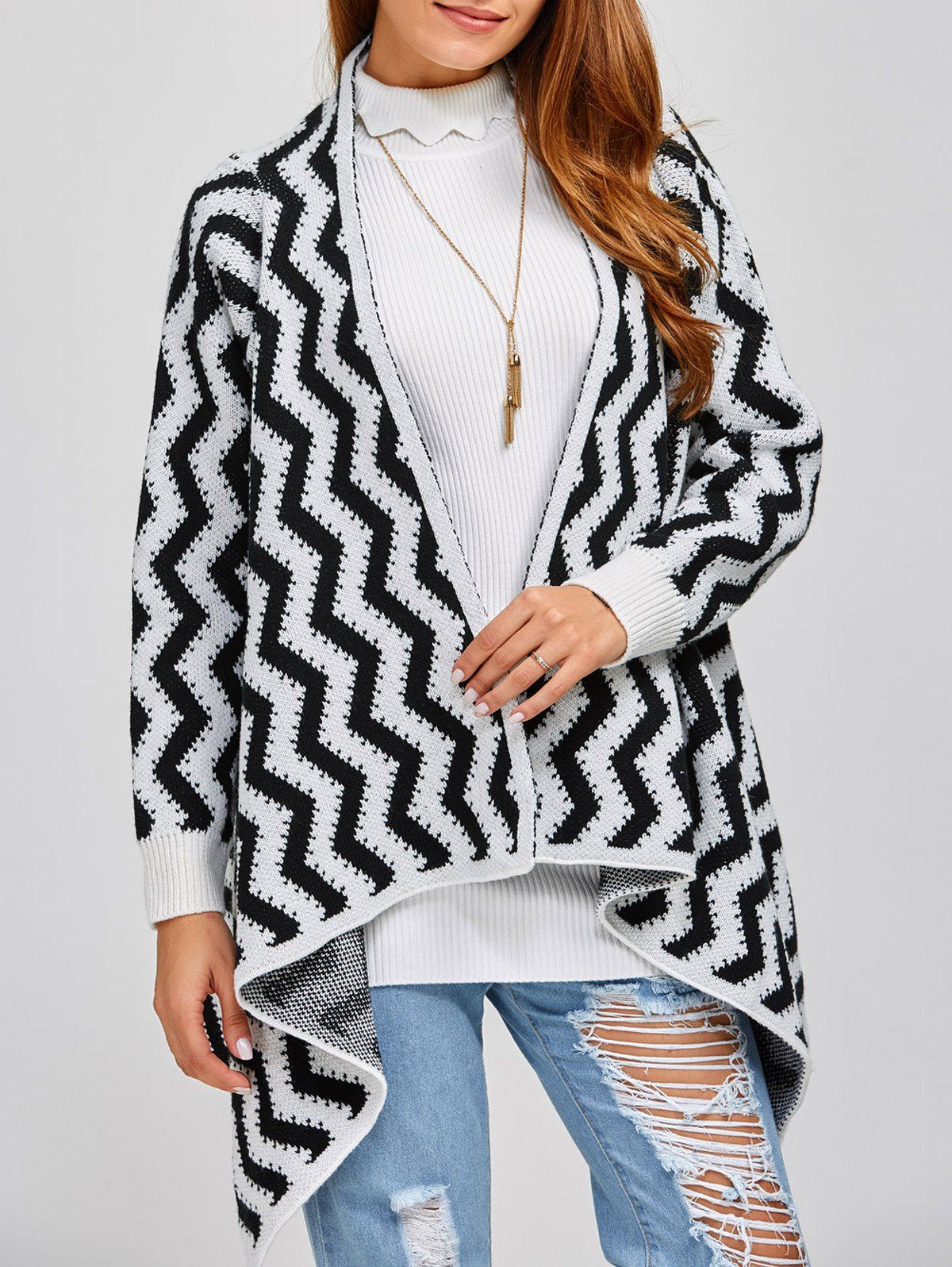 [41 OFF] 2021 Long Sleeve Zig Zag Asymmetric Cardigan In BLACK WHITE