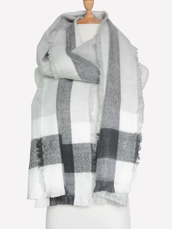 Outdoor Check Pattern Fringed Shawl Scarf - GRAY 