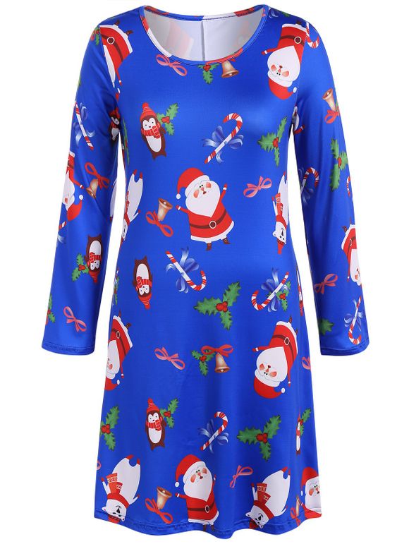 Christmas Santa Claus Print Dress - BLUE M