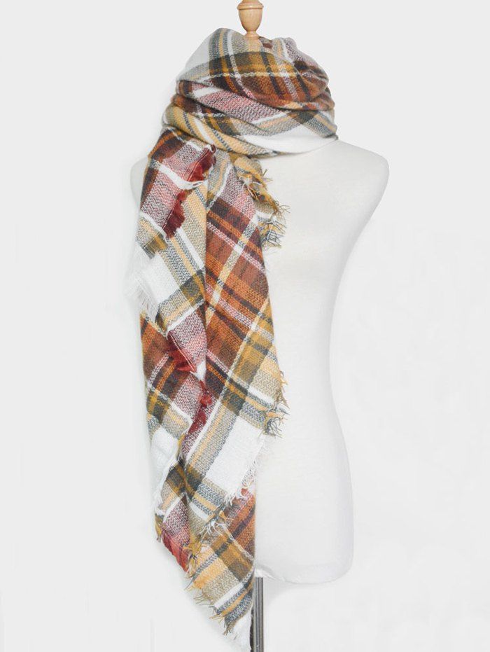 2018 Outdoor Plaid Print Fringed Square Blanket Shawl Scarf DARK KHAKI