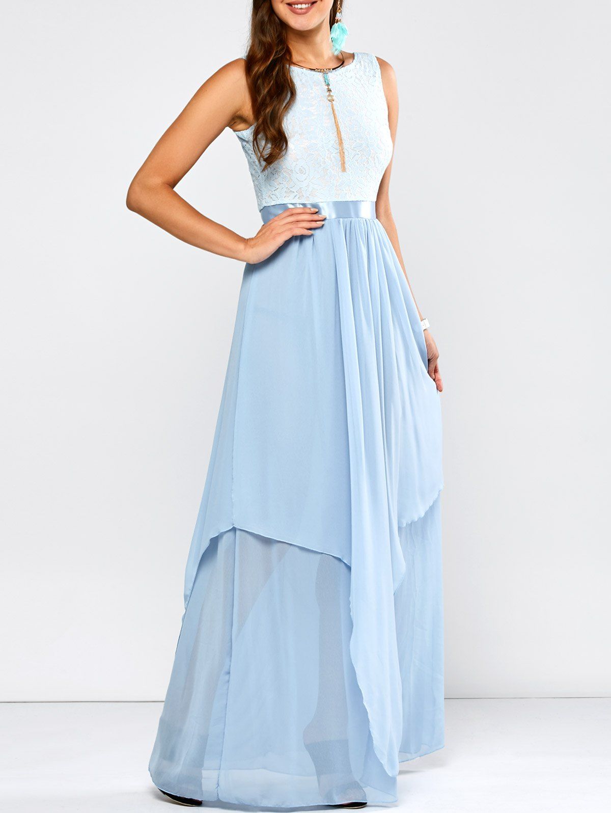 

Lace Panel Chiffon Maxi Evening Engagement Prom Dress, Light blue