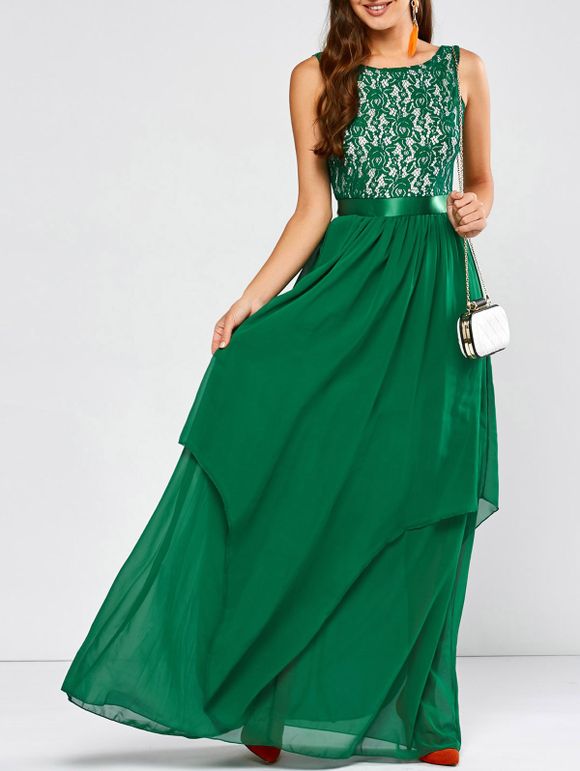 Lace Panel Chiffon Maxi Evening Engagement Prom Dress - GREEN XL