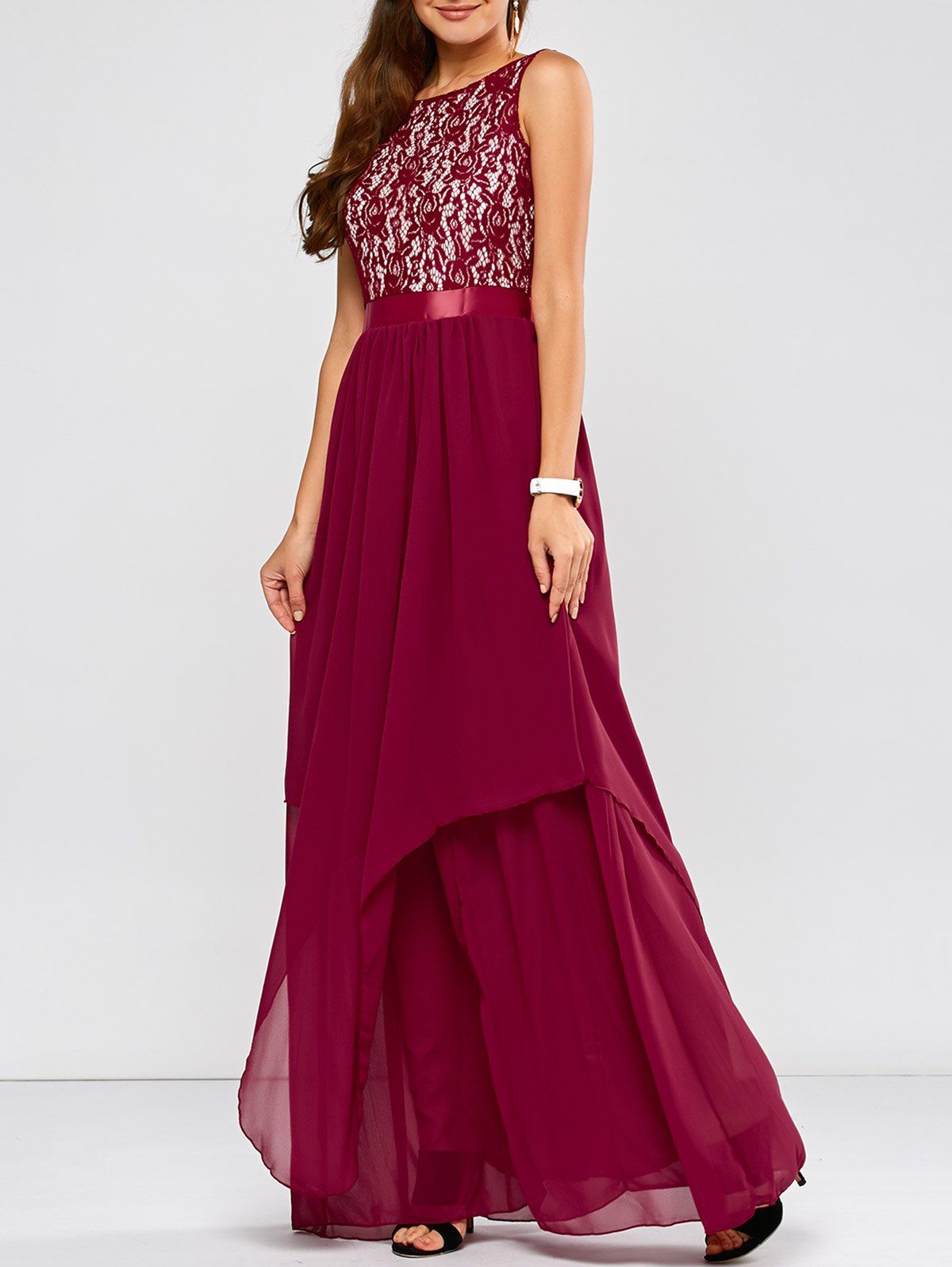 

Lace Panel Chiffon Maxi Evening Engagement Prom Dress, Wine red