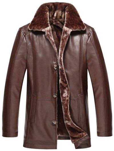 

Faux Fur Collar Button Up PU Leather Jacket, Deep brown