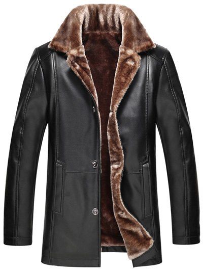 

Faux Fur Collar Button Up PU Leather Jacket, Black