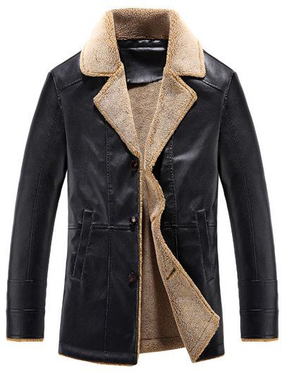 

Button Up Notch Lapel Sherpa Faux Leather Jacket, Black