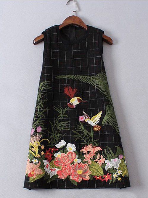 

Sleeveless Floral Embroidered Mini Wool Dress, Black