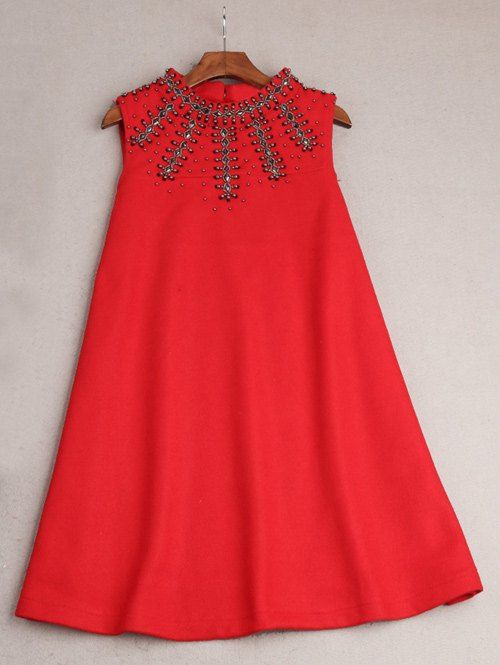Mini-robe mélangée perlée Sans manches en laine - Rouge M