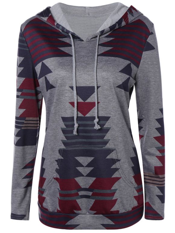 Sweatshirt Ample à Capuche Motif Géométrique avec Cordon - Gris XL