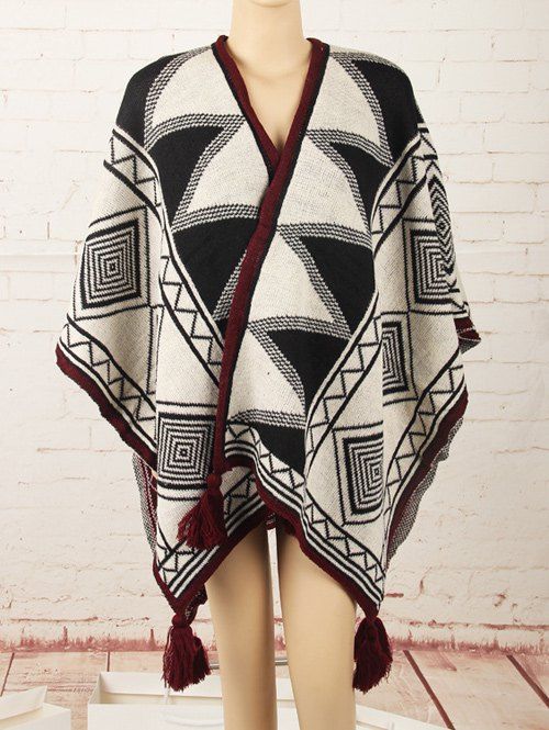 Châle en laine tricot  asymétrique a motif géométriques - Blanc Cassé ONE SIZE