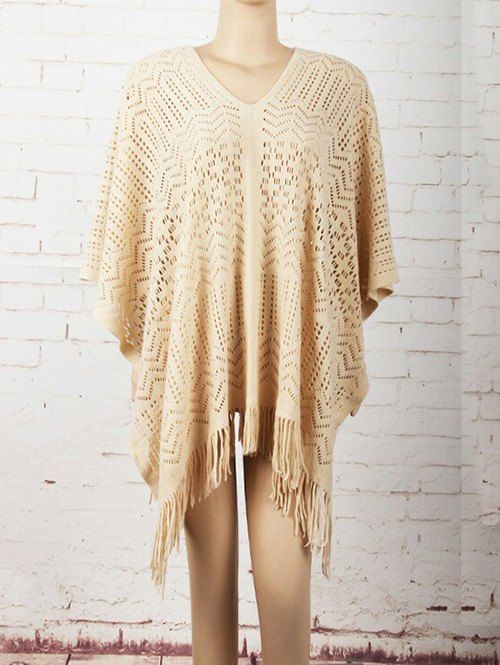 Bordée Asymmetric Pull Crochet Cape Sweater - Kaki ONE SIZE