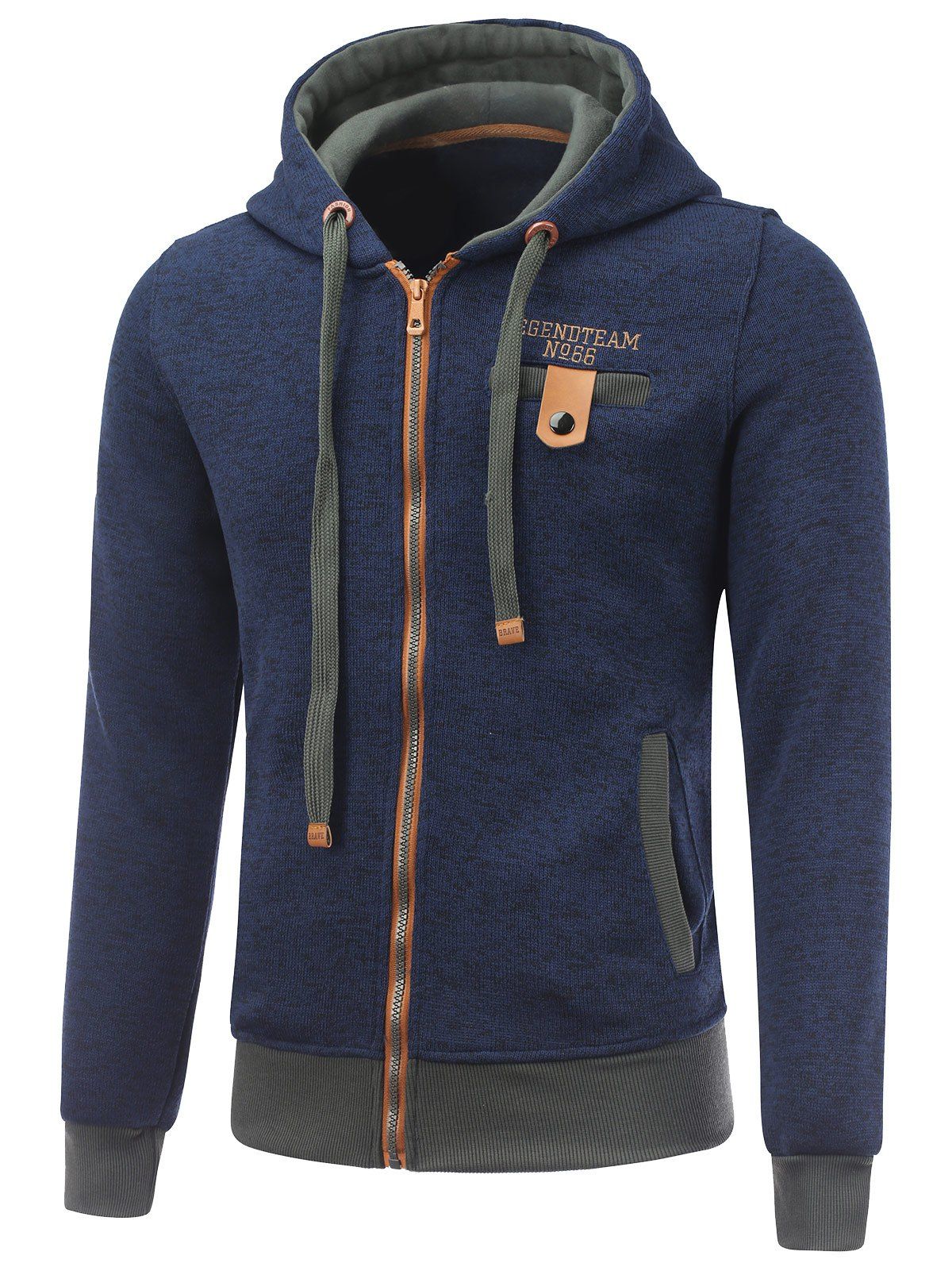 

Letter Print Zipper Fly Fleece Hoodie, Deep blue