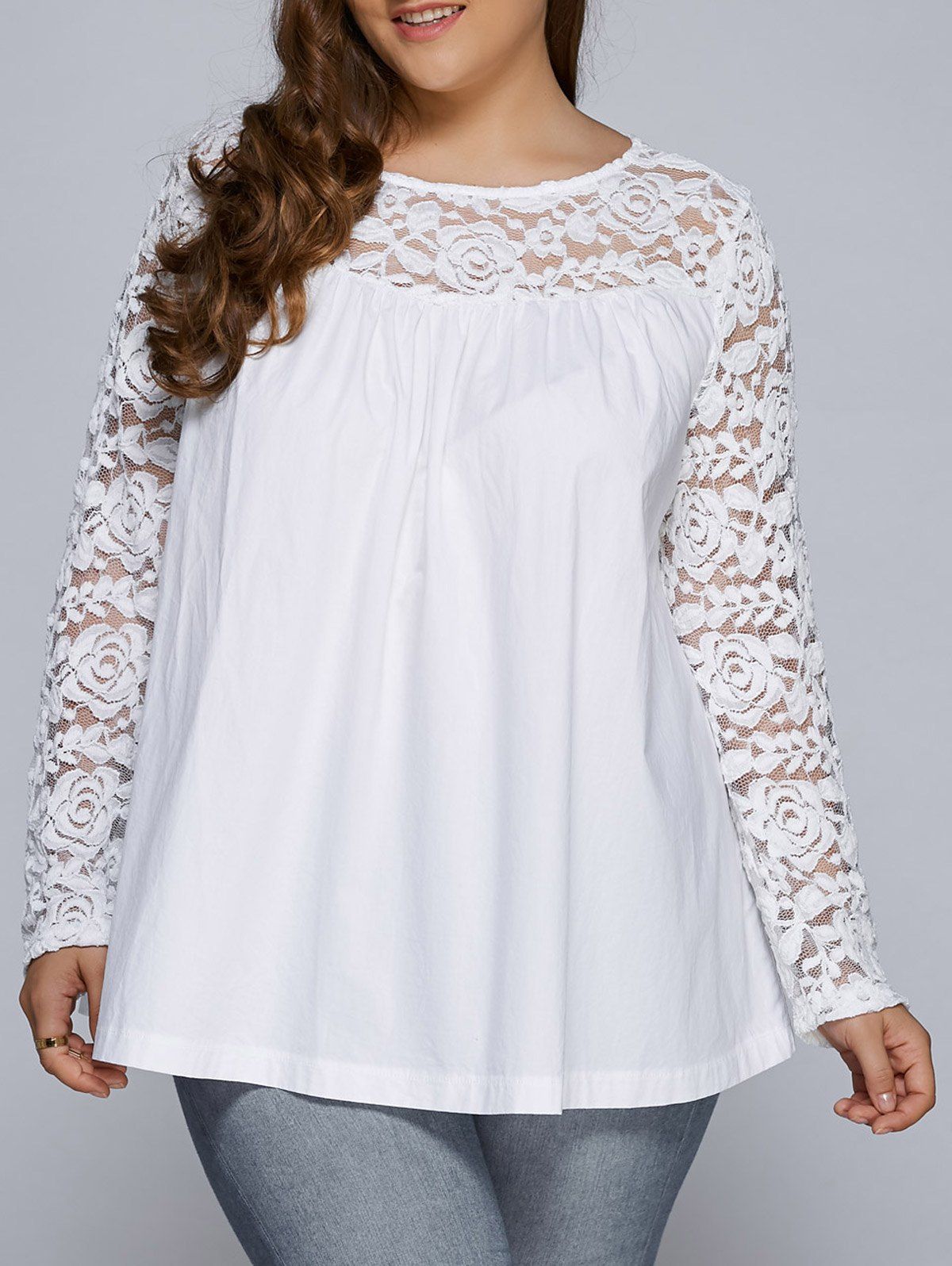 [17% OFF] 2021 Plus Size Lace Splicing Long Sleeve Blouse In WHITE ...