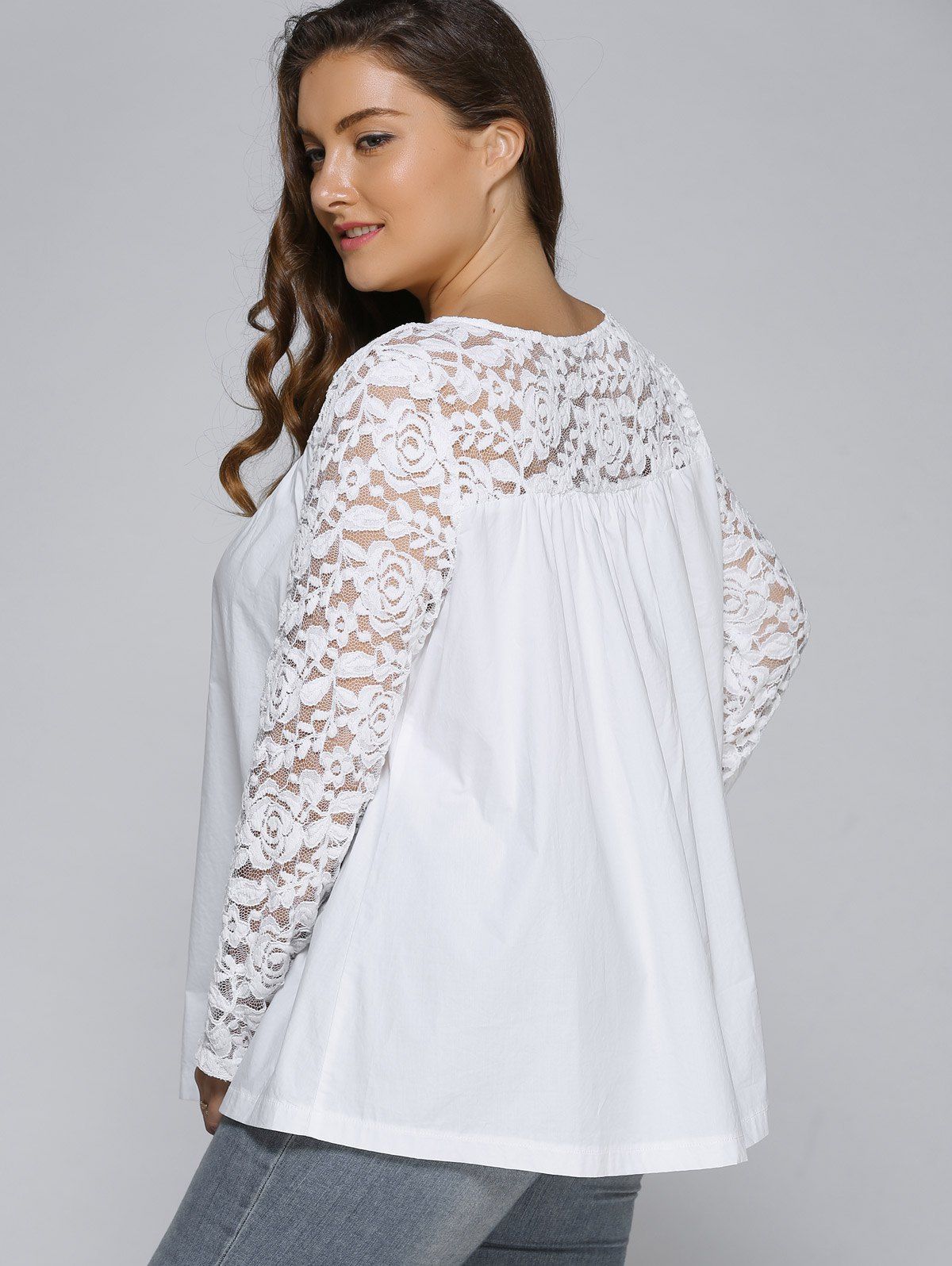 2018 Plus Size Lace Splicing Long Sleeve Blouse WHITE XL In Blouses ...