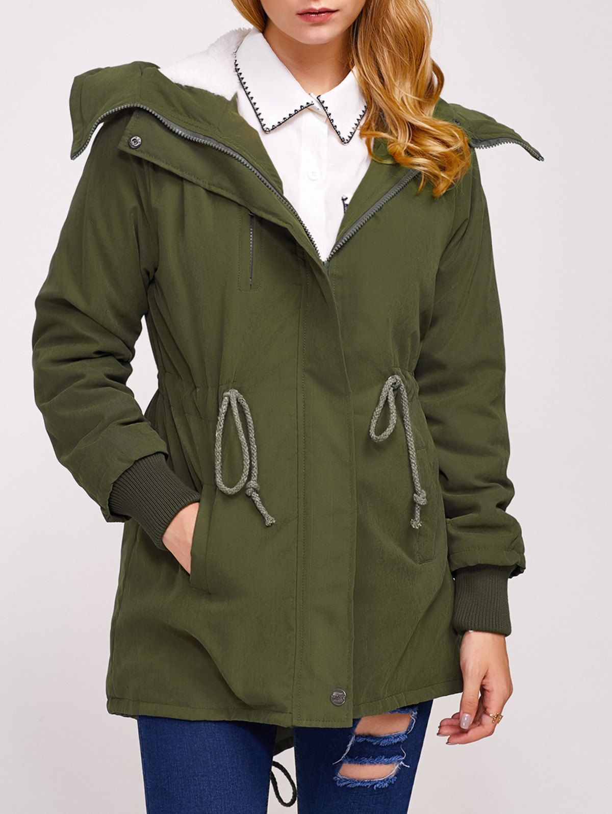 

Fleece Hooded Parka Winter Padded Coat Jacket, Army green