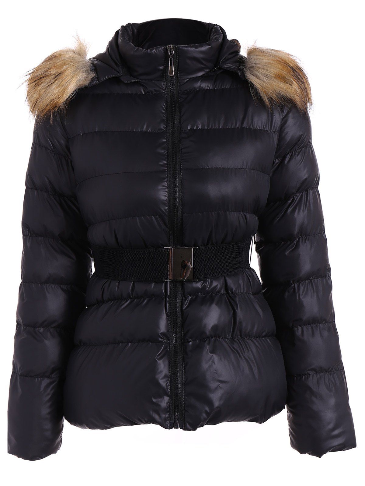 Belted Furry Hooded Winter Puffer Jacket - BLACK M