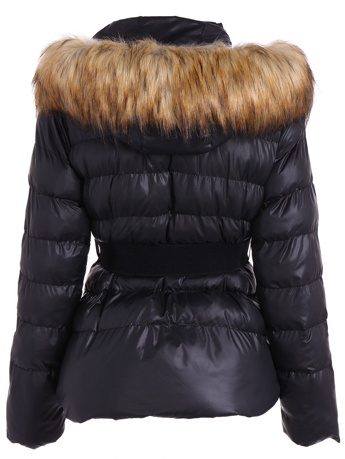 2018 Belted Furry Hooded Winter Puffer Jacket BLACK L In Jackets