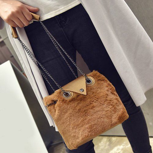 

Faux Fur Chains Shoulder Bag, Light brown