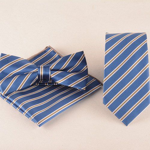 

Business Suit Striped Pattern Tie Pocket Square Bow Tie, Light blue