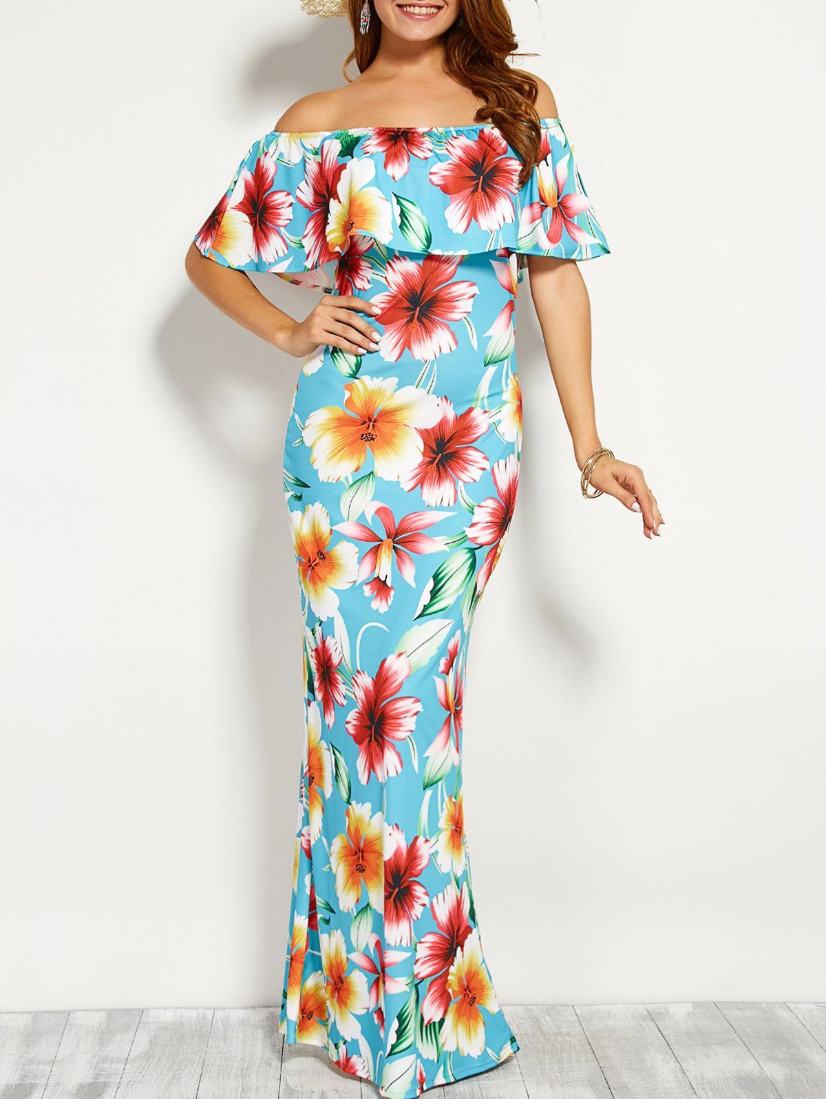 

Off Shoulder Flounce Long Floral Dress for Wedding, Cloudy