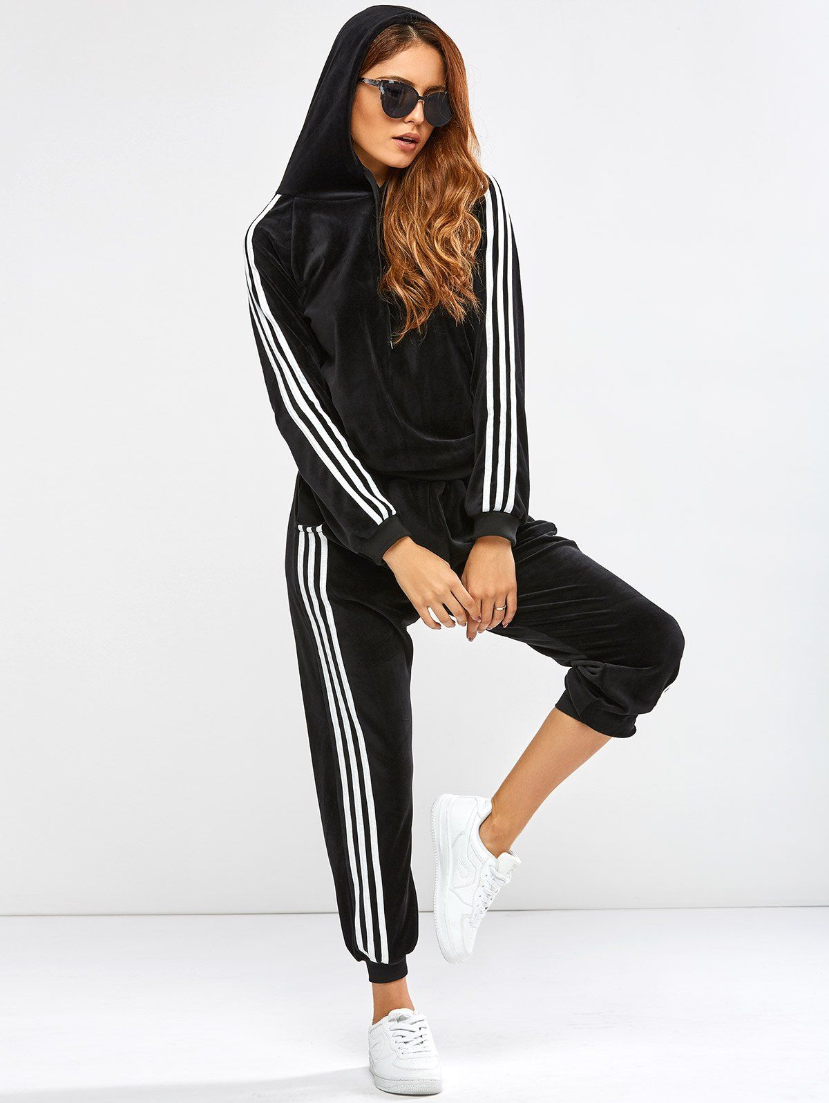 

Striped Trim Hoodie with Running Jogger Pants, Black