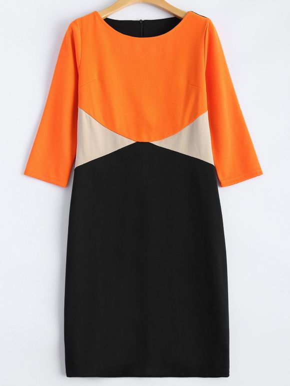 Robe Trendy col rond manches demi-Color Block Femmes - Orange 2XL