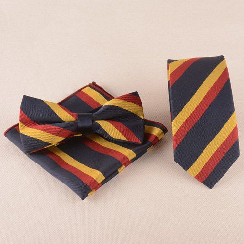

Business Suit Color Block Tie Pocket Square Bow Tie, Black