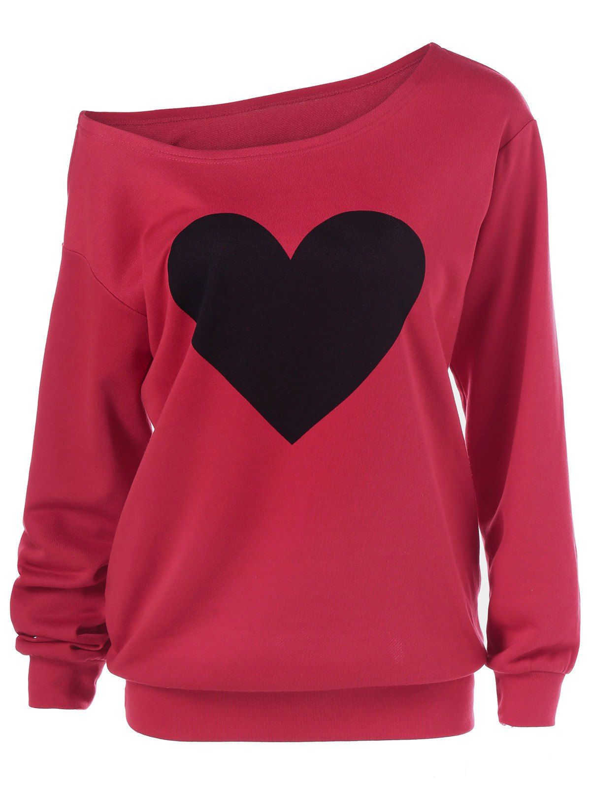 

Heart Print Skew Collar Sweatshirt, Red