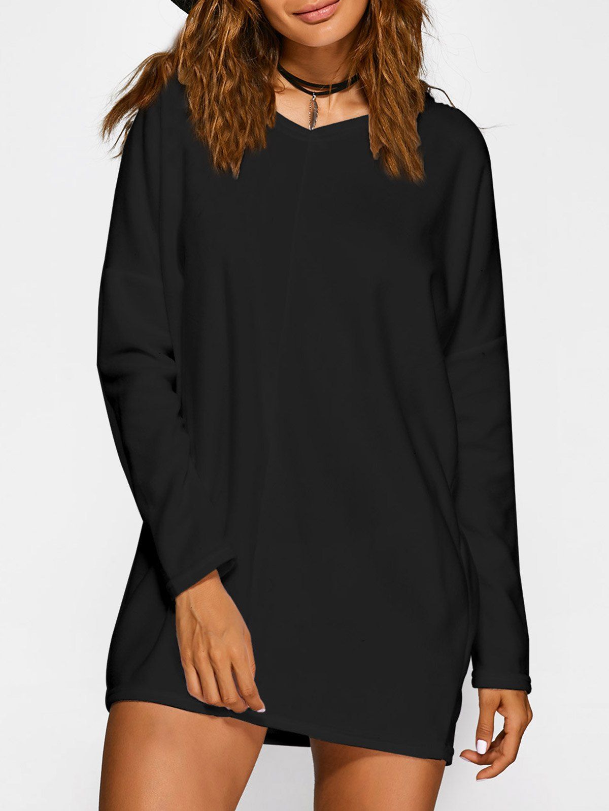 

V Neck Long Sleeve Mini Casual Tunic Dress, Black